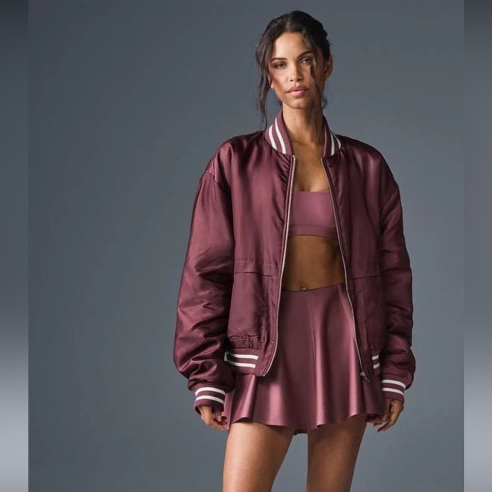 Brand New ALO YOGA Afterglow Varsity Jacket Burgundy Truffle